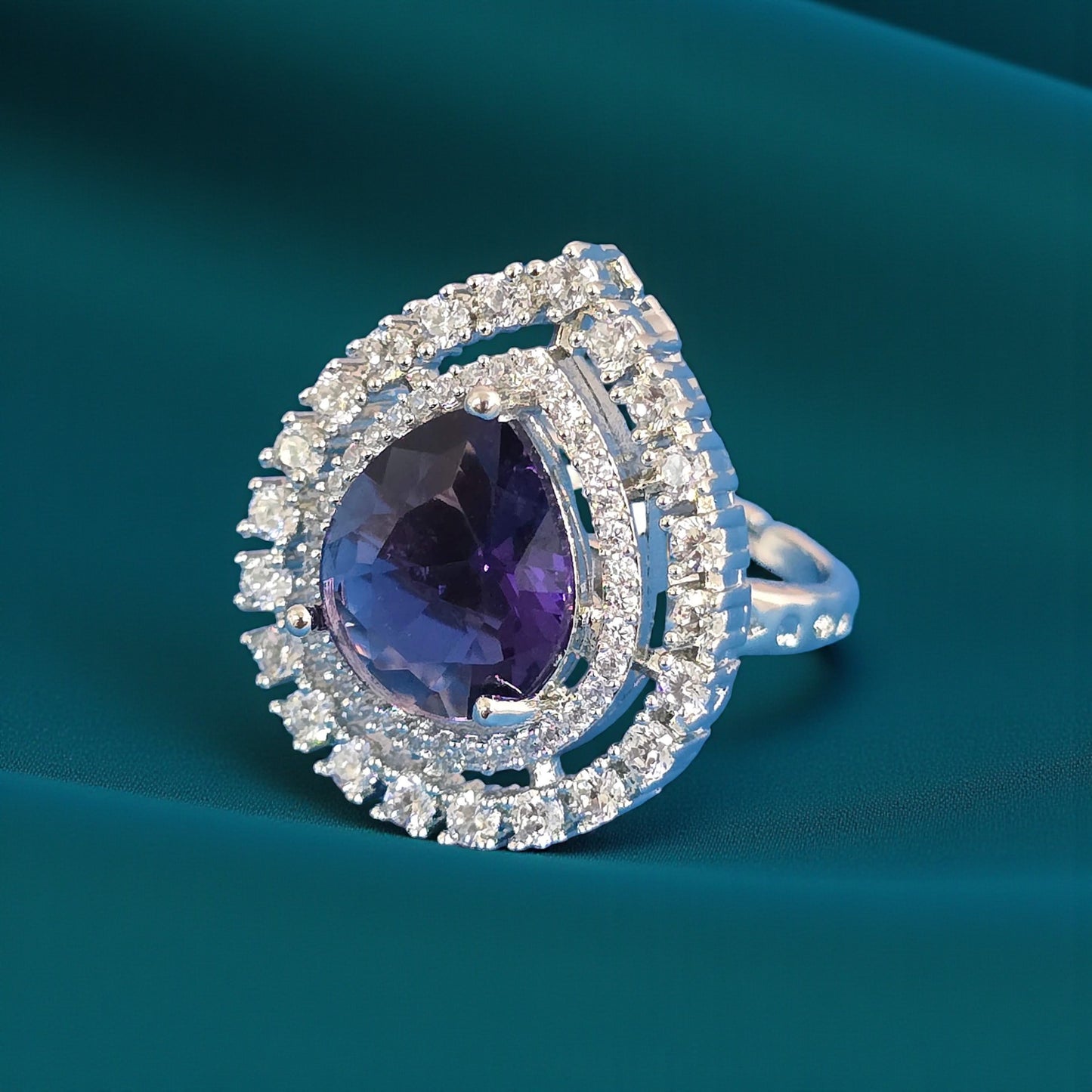 439312 Cz Adjustable Ring With Rhodium Plating-Blue