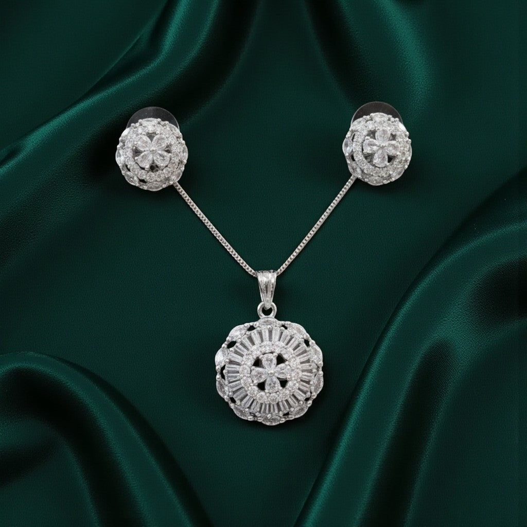 92209-PS-American Diamond Delicate Pendant Set With Rhodium Plating-White