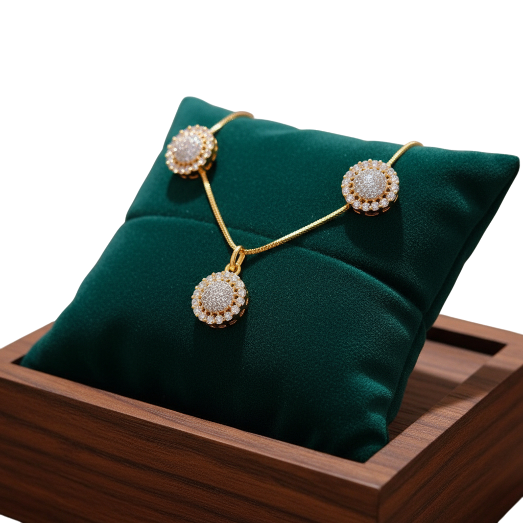 91609-PS-American Diamond Delicate Pendant Set With Gold Plating-Design 1