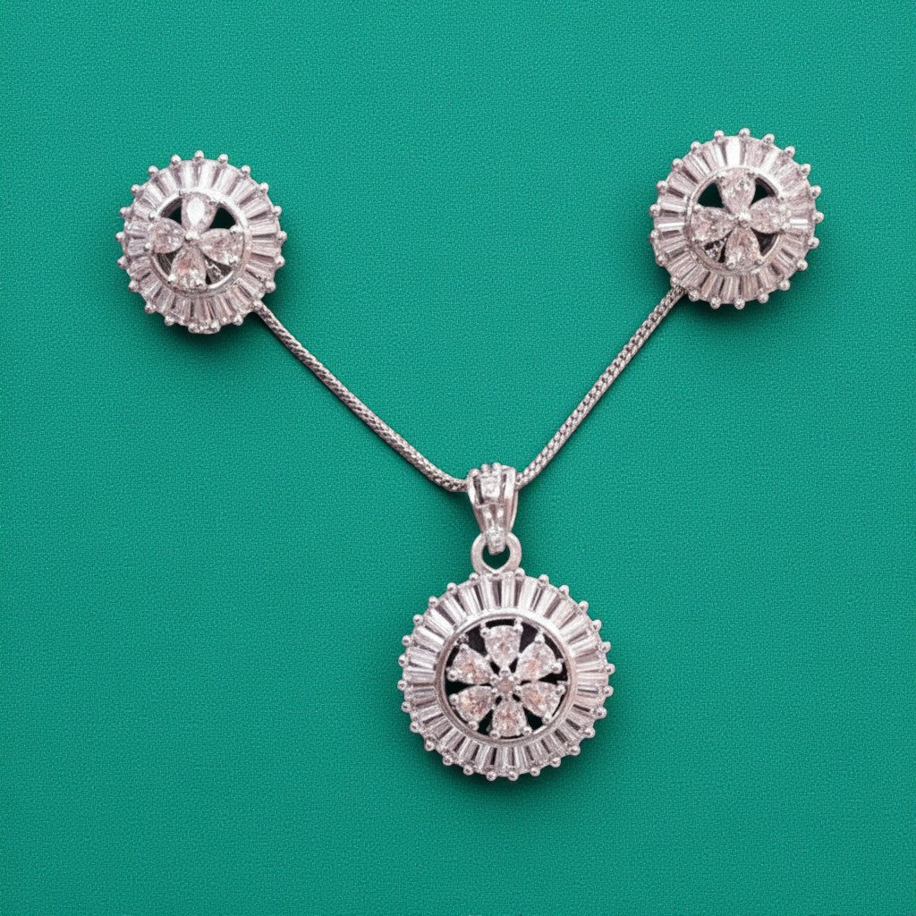 92259-PS-American Diamond Delicate Pendant Set With Rhodium Plating-Design 1