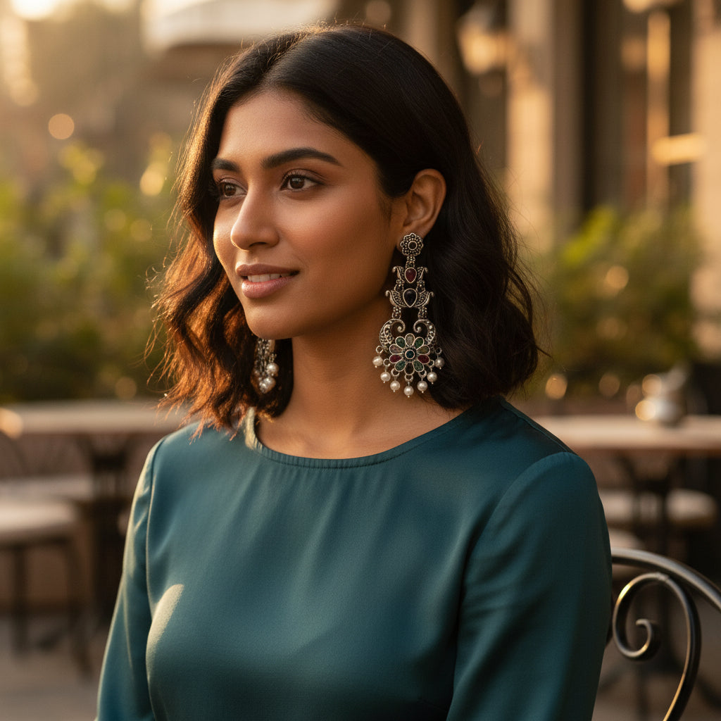 1349-Pretty Precious Oxidised Silver Stylish Party Wear Earrings for Women and Girls-Multicolour